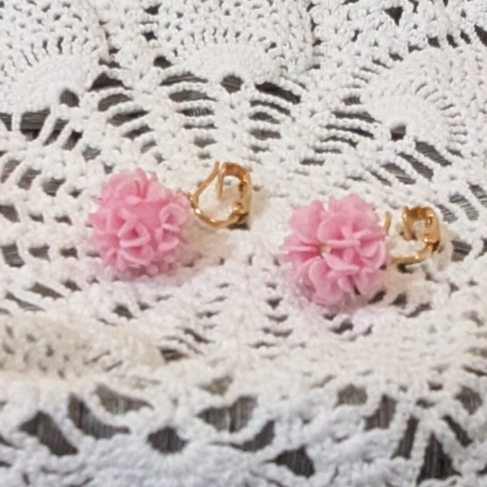 Vintage Pink Celluloid Flower Earrings with Clip-On Back